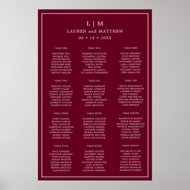 Poster Monogramme bordeaux simple Mariage élégant (Devant)