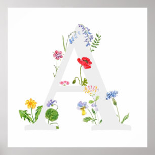 Poster monogramme botanique alphabet A fleur sauvage