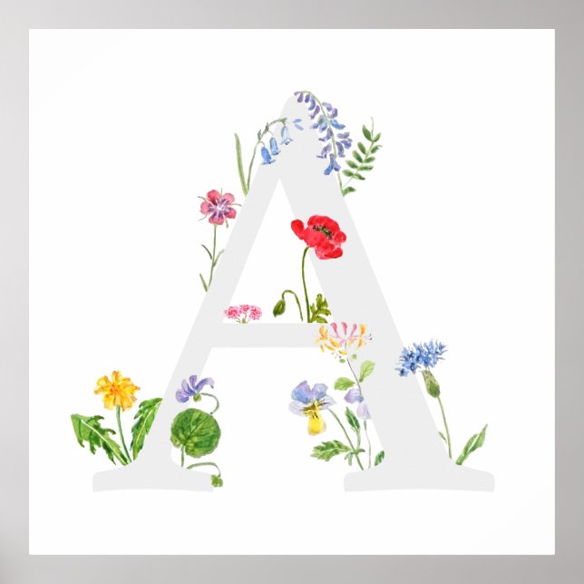 Poster monogramme botanique alphabet A fleur sauvage (Devant)