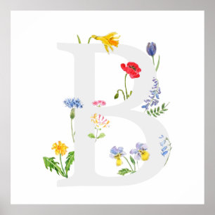 Poster monogramme botanique alphabet b fleur sauvage