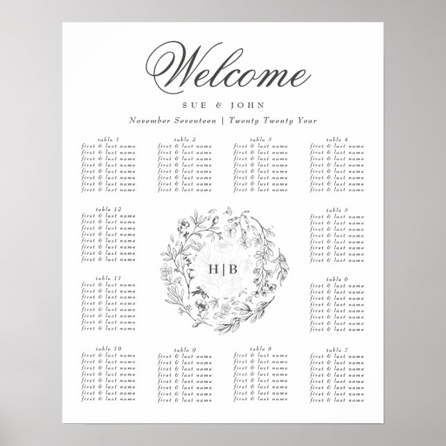 Poster Monogramme classique Botanique Floral Mariage de c (Devant)