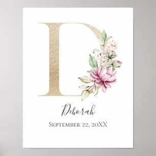 Poster Monogramme D Rose Blanc Floral Lettre Orée Nurseri