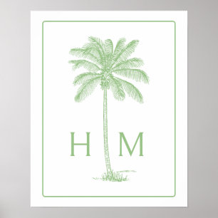Poster Monogramme d'arbre de palmier vert et blanc