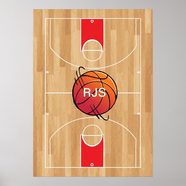 Poster Monogramme de basket-ball sur terrain de basket-ba (Devant)