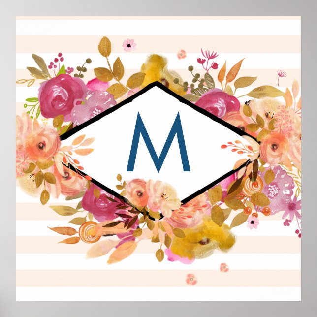 Poster Monogramme de bouquet floral orange et rose (Devant)