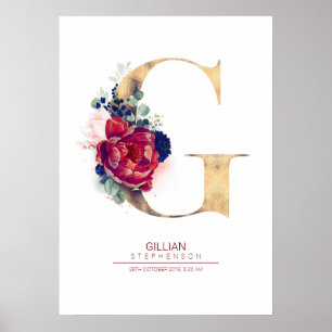 Poster Monogramme de la lettre G floral bleu marine et bo