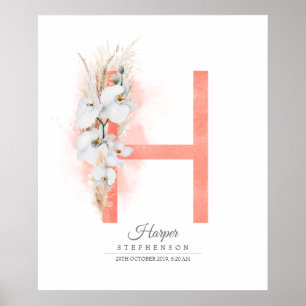 Poster Monogramme de la lettre H Orchidées blanches et he