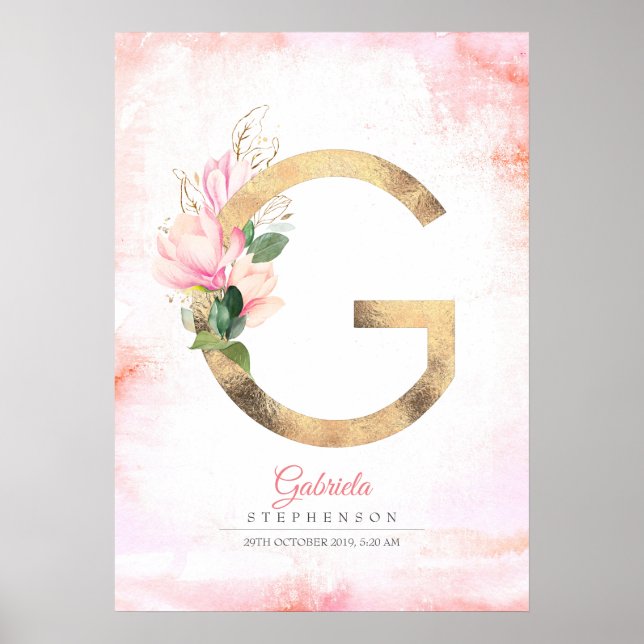 Poster Monogramme de lettre G en or avec fleurs de magnol (Devant)