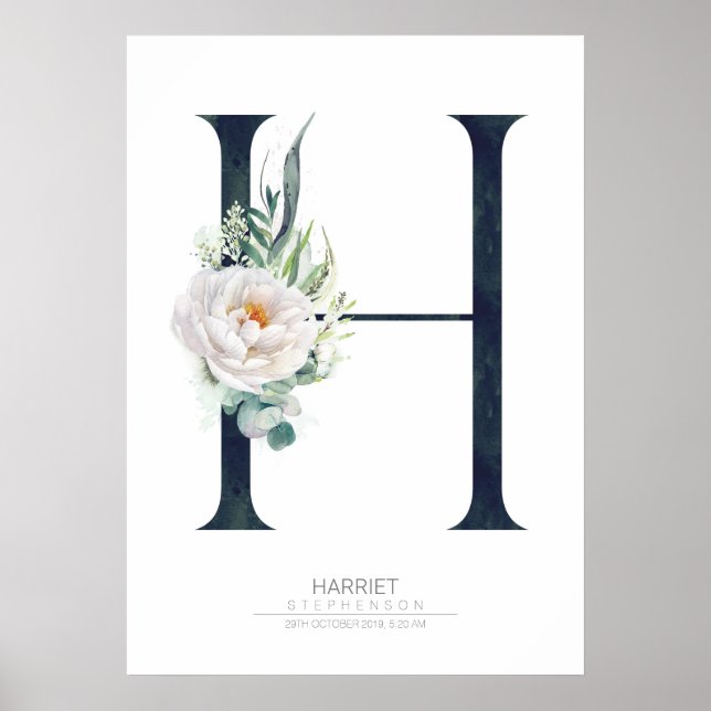 Poster Monogramme de lettre H Fleurs blanches et feuillag (Devant)