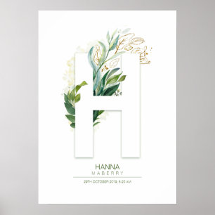 Poster Monogramme de lettre H or feuillage verdure Chic