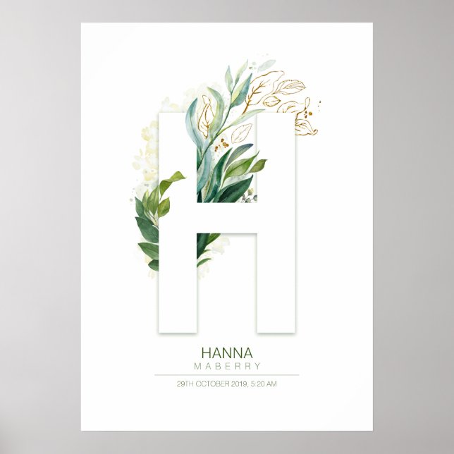 Poster Monogramme de lettre H or feuillage verdure Chic (Devant)