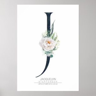 Poster Monogramme de lettre J Fleurs blanches et feuillag