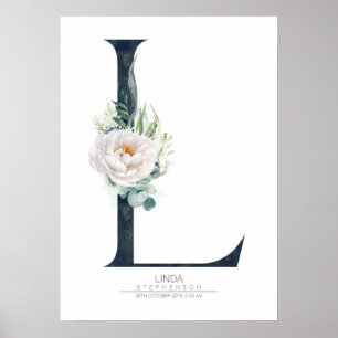 Poster Monogramme de lettre L Fleurs blanches et feuillag