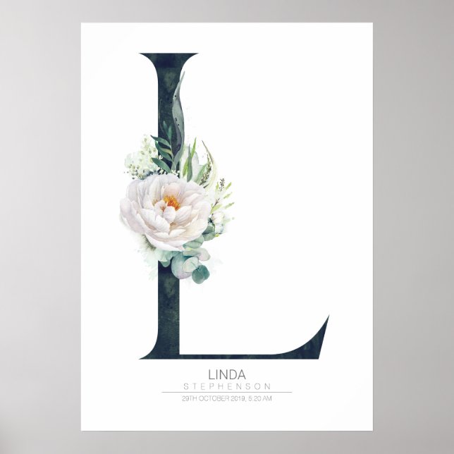 Poster Monogramme de lettre L Fleurs blanches et feuillag (Devant)