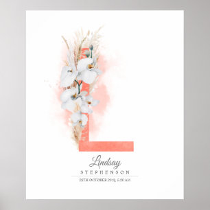 Poster Monogramme de lettre L Orchidées blanches et herbe