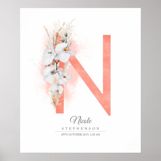 Poster Monogramme de lettre N Orchidées blanches et herbe (Devant)