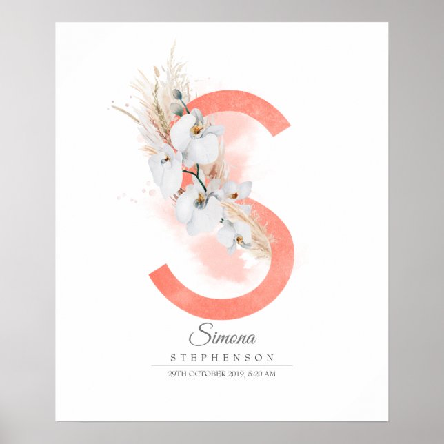 Poster Monogramme de lettre S Orchidées blanches et herbe (Devant)