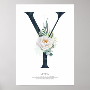 Poster Monogramme de lettre Y Fleurs blanches et verdure