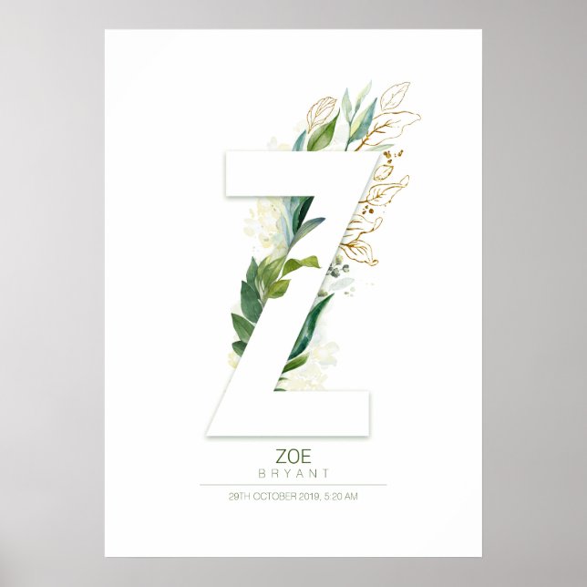 Poster Monogramme de lettre Z or feuillage verdure rêveur (Devant)
