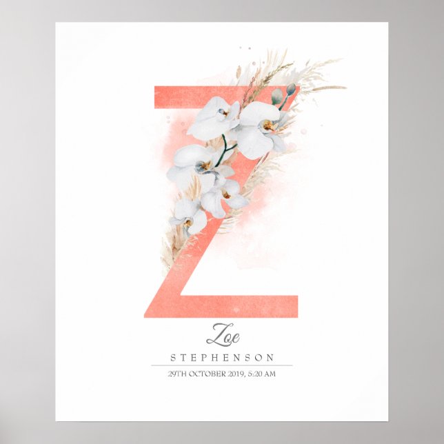 Poster Monogramme de lettre Z Orchidées blanches et herbe (Devant)