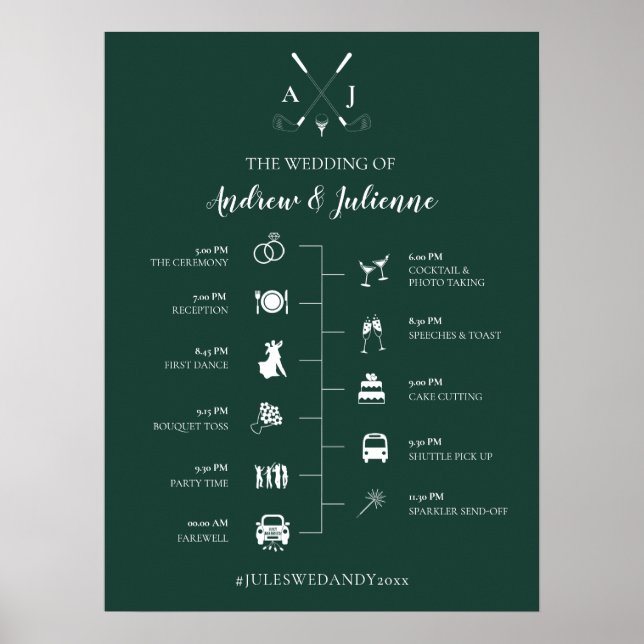 Poster Monogramme de Mariage de golf Emerald Green (Devant)