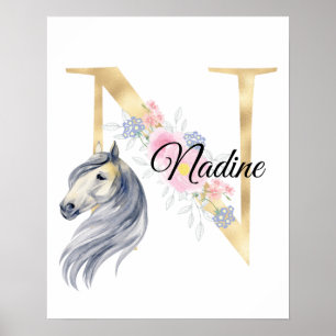 Poster Monogramme de nom personnalisé N avec cheval