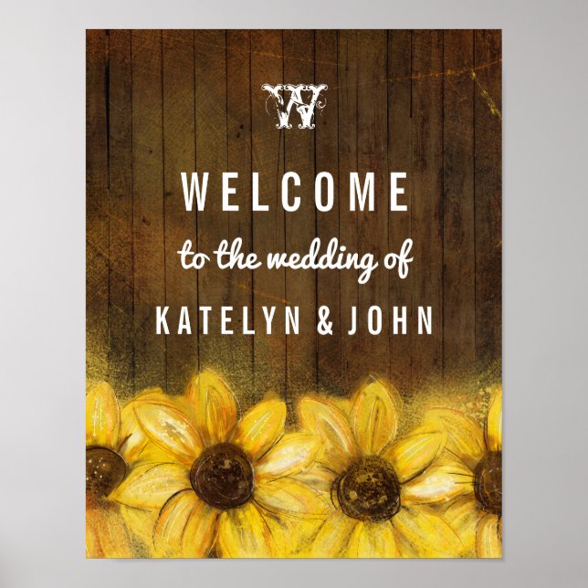 Poster Monogramme de tournesol rustique Bienvenue au Mari (Devant)