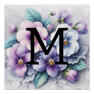 Poster Monogramme dentelle fleurie rose pourpre vitres fl
