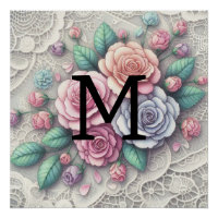 Monogramme dentelle floral rose violet bleu roses