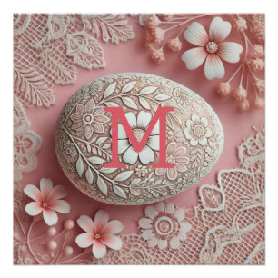 Poster Monogramme dentelle rose blanc fleuri oeuf de Pâqu