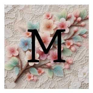 Poster Monogramme dentelle rose floral pastel fleurs de c