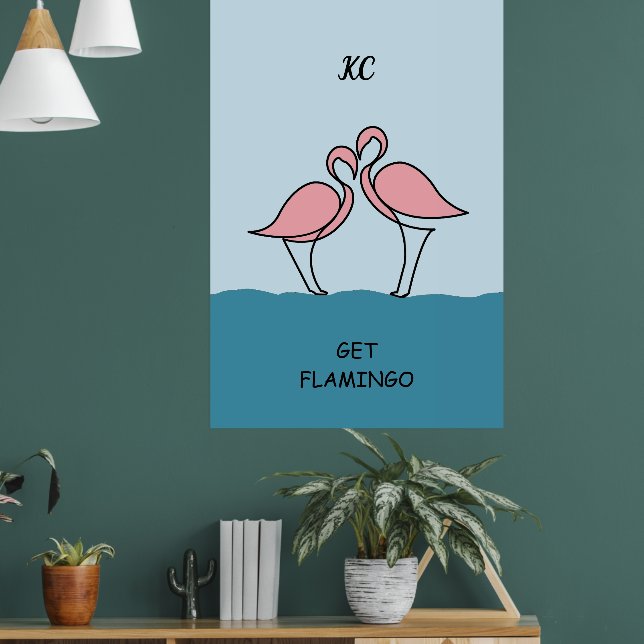 Poster Monogramme Deux Flamants roses roses sur la citati (Salon 1)