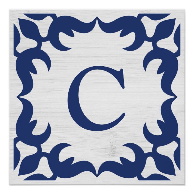 Poster Monogramme encadré en Filigree en bleu marine (Devant)