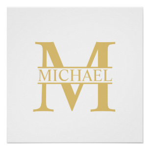 Poster Monogramme et nom personnalisés blanc et or