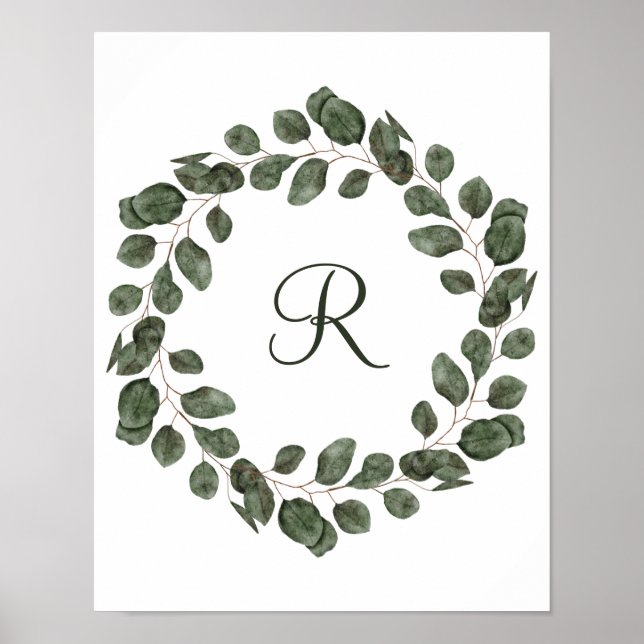 Poster Monogramme Eucalyptus Feuilles Élégant moderne (Devant)