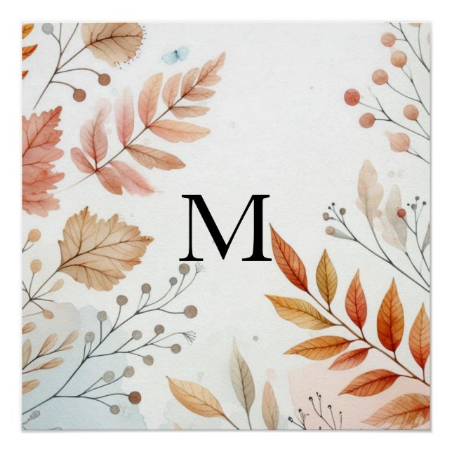 Poster Monogramme Feuilles d'automne aquarelle couleur pa (Devant)