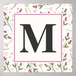 Poster Monogramme Fleur sauvage rose et vert à longue tig