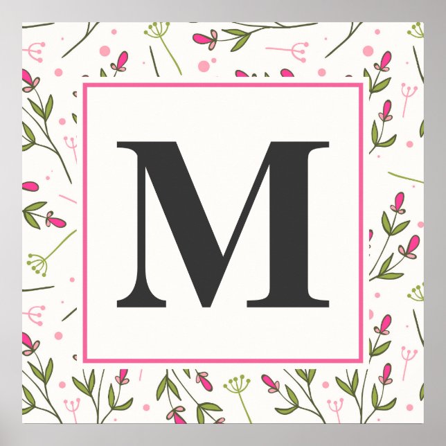 Poster Monogramme Fleur sauvage rose et vert à longue tig (Devant)