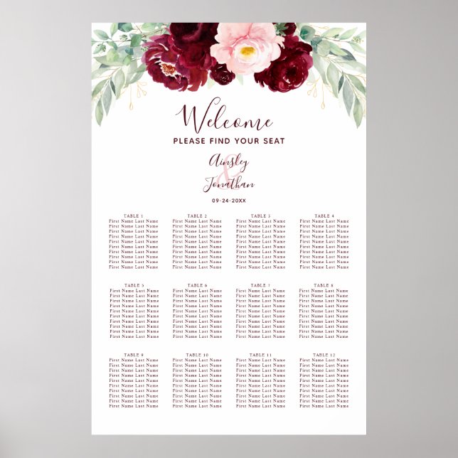 Poster Monogramme floral de Bourgogne Mariage Carte de si (Devant)