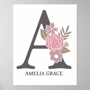 Poster Monogramme floral lettre A nom crèche moderne