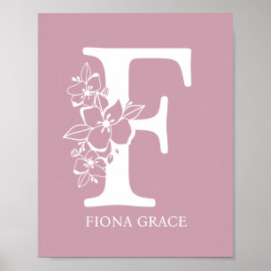Poster Monogramme floral lettre F Nom Nurserie Moderne 