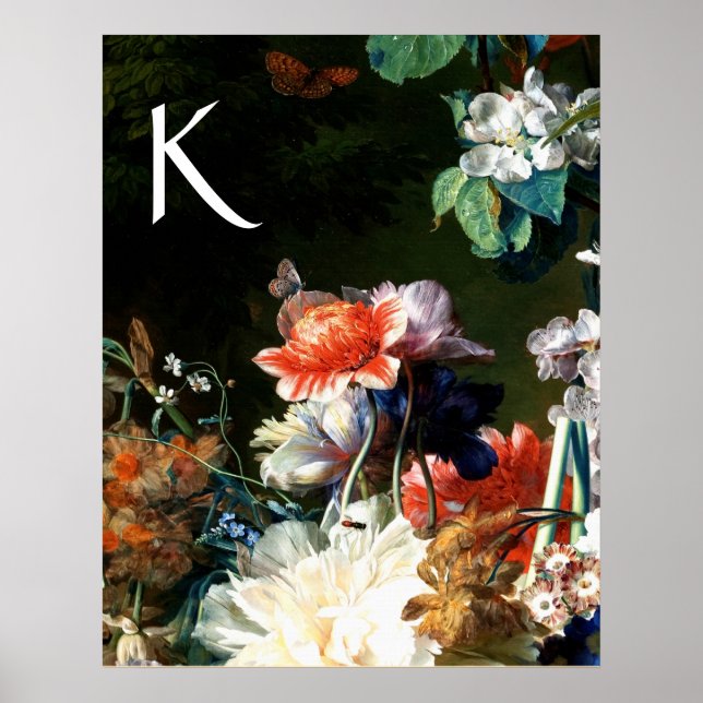Poster Monogramme floral noir papillon FLEURS,RANEMONES (Devant)