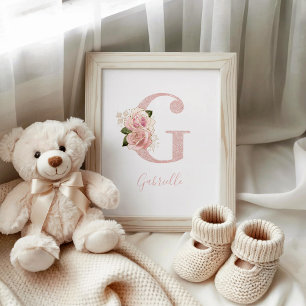 Poster Monogramme floral pailleté or rose féminin G