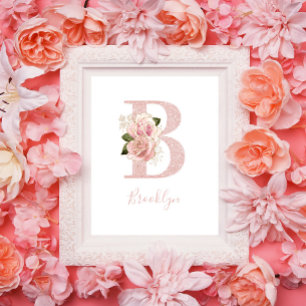 Poster Monogramme floral pailleté rose doré féminin B