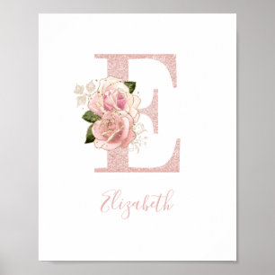 Poster Monogramme Floral Pailleté Rose Doré Féminin E