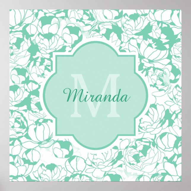 Poster Monogramme Floral Vert Mint Moderne Avec Nom (Devant)