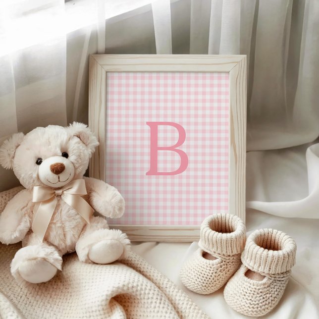Poster Monogramme Gingham Rose Pâle et Blanc (Pastel Pink and White Gingham Monogram Poster)