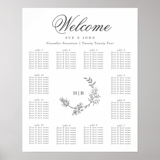 Poster Monogramme gris foncé classique Mariage floral (Devant)