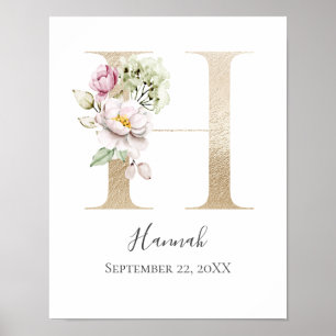 Poster Monogramme H Rose Blanc Floral Lettre Orée Nurseri