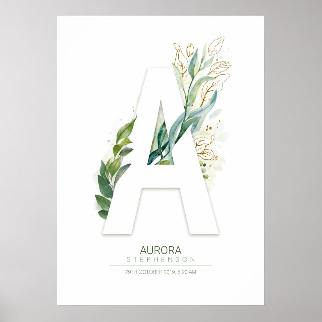 Poster Monogramme Lettre A Or Feuillage Chic (Devant)